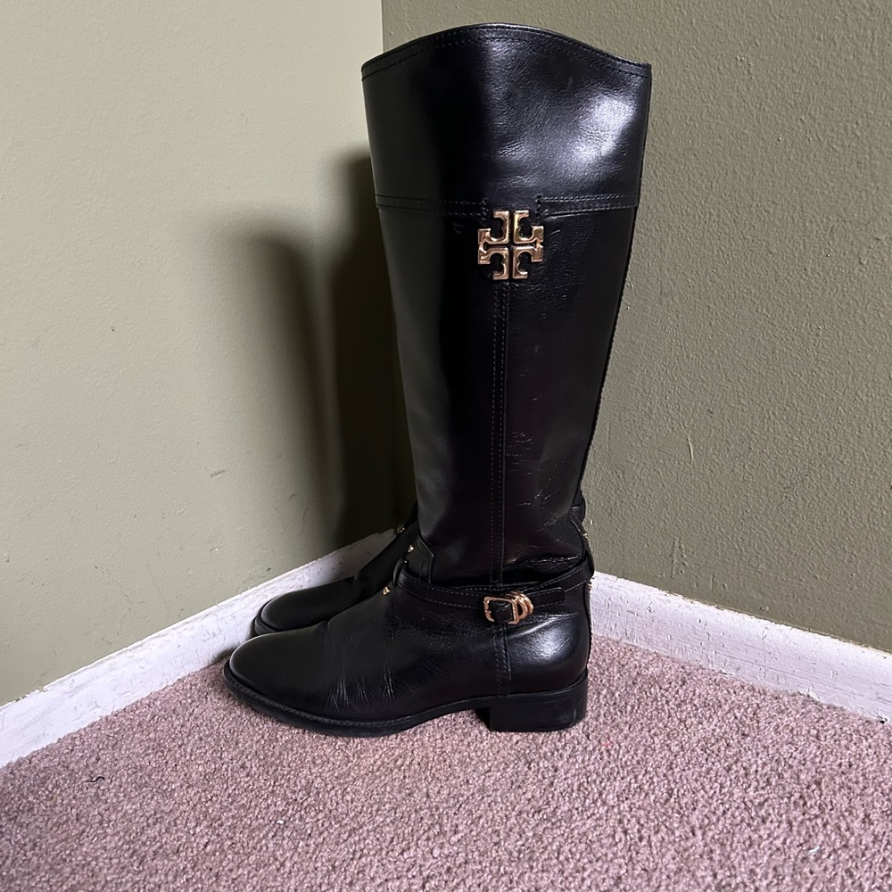 Tory Burch Adeline Women’s Black Leather Riding Boots Sz 8 - Picture 2 of 14